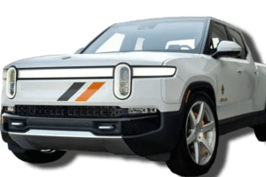 white-rivian-truck precision first rivian certified collision repair logo